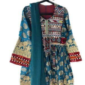Blue and Gold Afghan Kuchi Dress, 3 Piece, Traditional, Size Medium